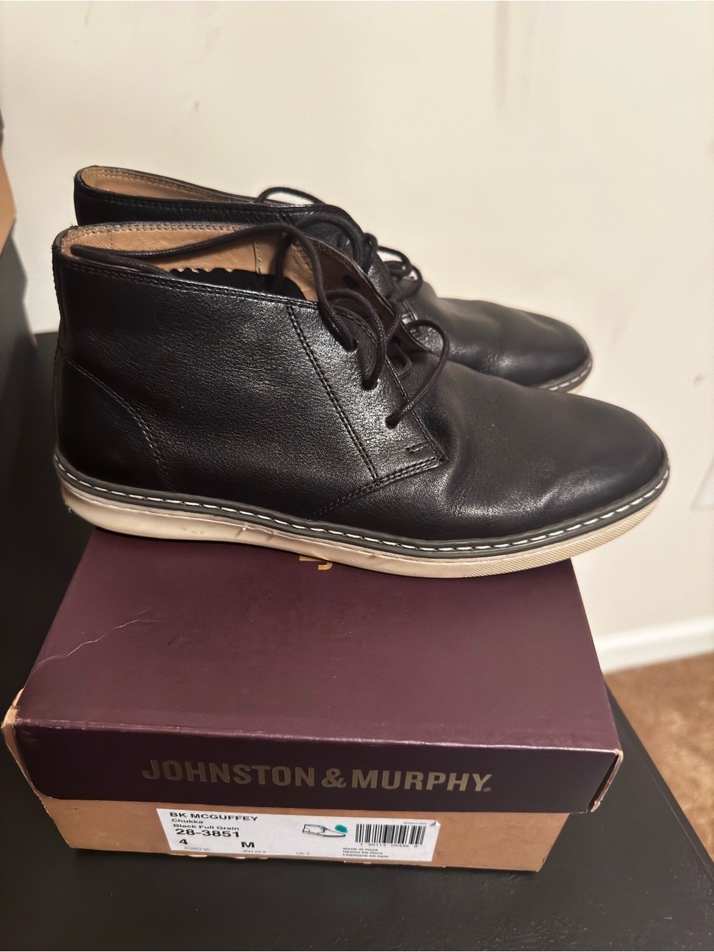 Johnston & Murphy Black Leather Chukka with Cream Sole